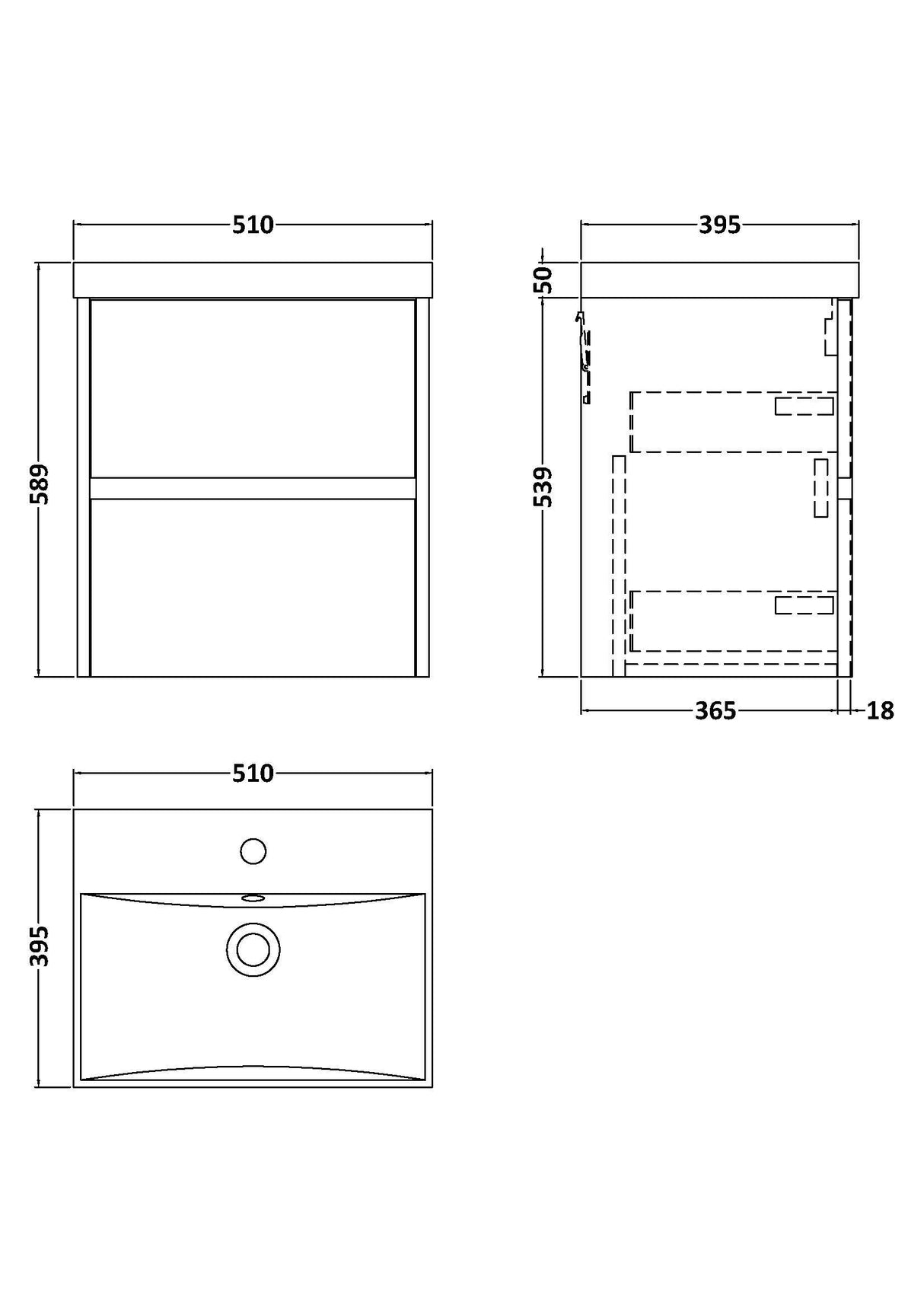 [BFED3402D] Chartley Contemporary 2 Drawer Wall Hung Vanity Unit with Thin Edge Basin, Choice of Size and Colour - Technical Drawing
