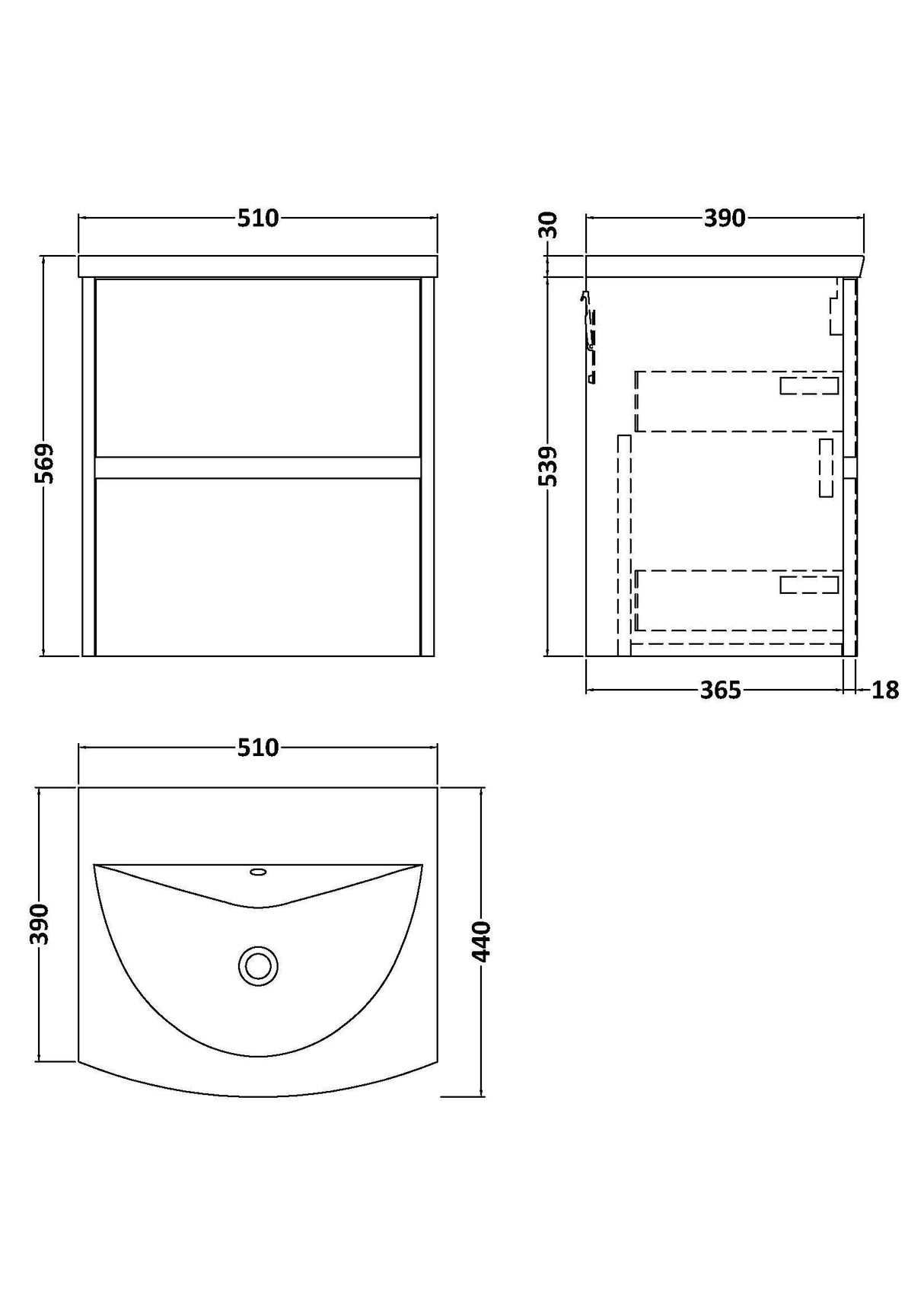 [BFED3402G] Chartley Contemporary 2 Drawer Wall Hung Vanity Unit with Curved Basin, Choice of Size and Colour - Technical Drawing