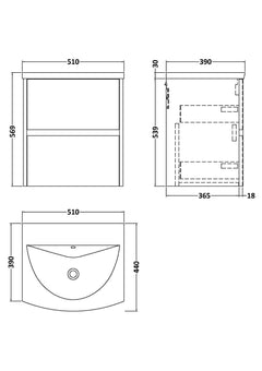 [BFED3402G] Chartley Contemporary 2 Drawer Wall Hung Vanity Unit with Curved Basin, Choice of Size and Colour - Technical Drawing