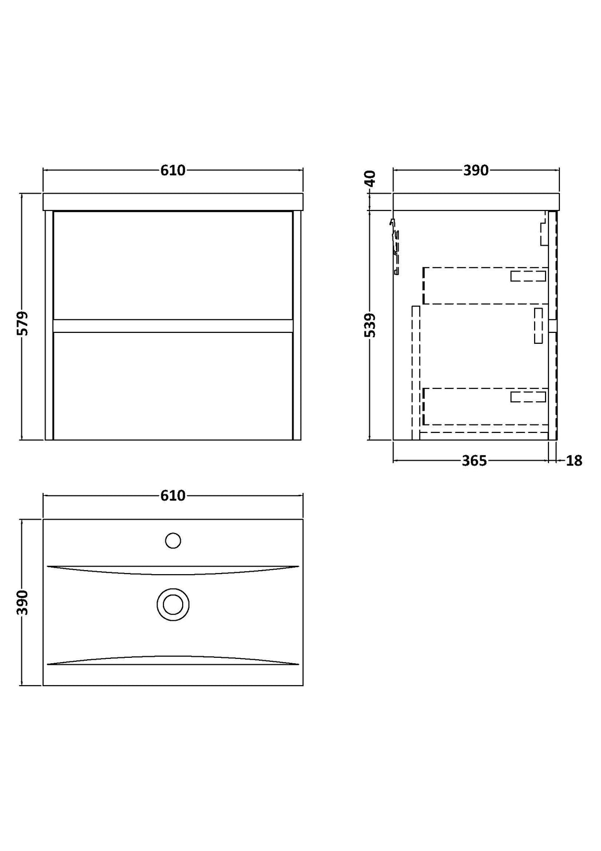 [BFED3404A] Chartley Square Wall Hung 2 Drawer Vanity Unit & Ceramic Basin, 600mm, Choice of Finish - Technical Drawing