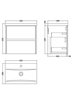 [BFED3404A] Chartley Square Wall Hung 2 Drawer Vanity Unit & Ceramic Basin, 600mm, Choice of Finish - Technical Drawing