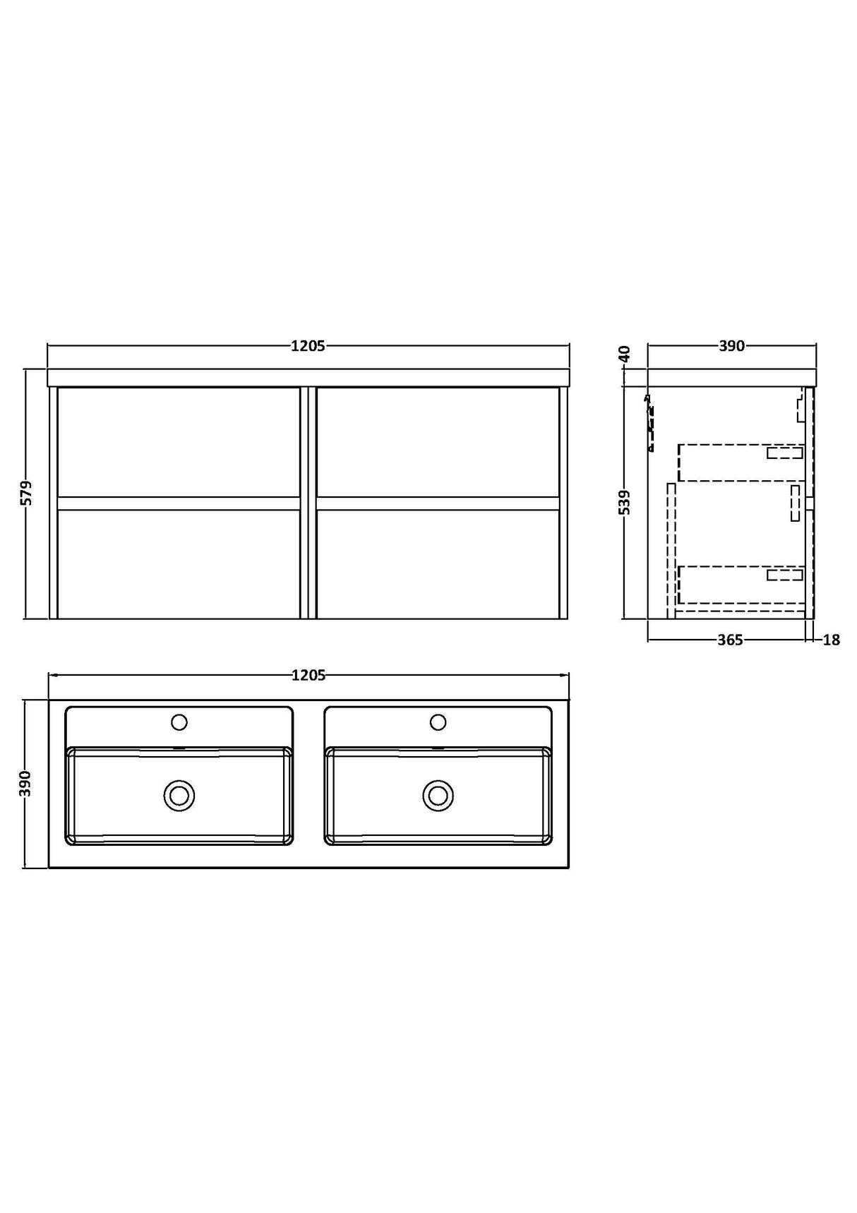 [BFED3404C] Chartley Contemporary 4 Drawer Wall Hung Vanity Unit with Double Basin, 1200mm, Choice of Colour - Technical Drawing