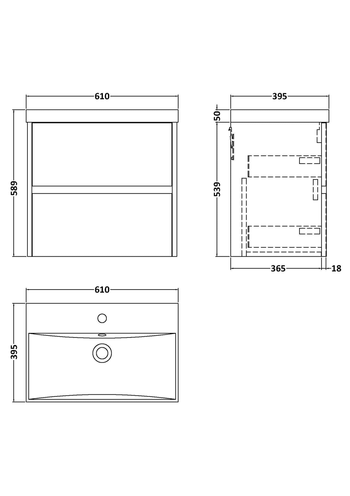 [BFED3404D] Chartley Contemporary 2 Drawer Wall Hung Vanity Unit with Thin Edge Basin, Choice of Size and Colour - Technical Drawing