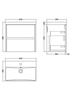 [BFED3404D] Chartley Contemporary 2 Drawer Wall Hung Vanity Unit with Thin Edge Basin, Choice of Size and Colour - Technical Drawing