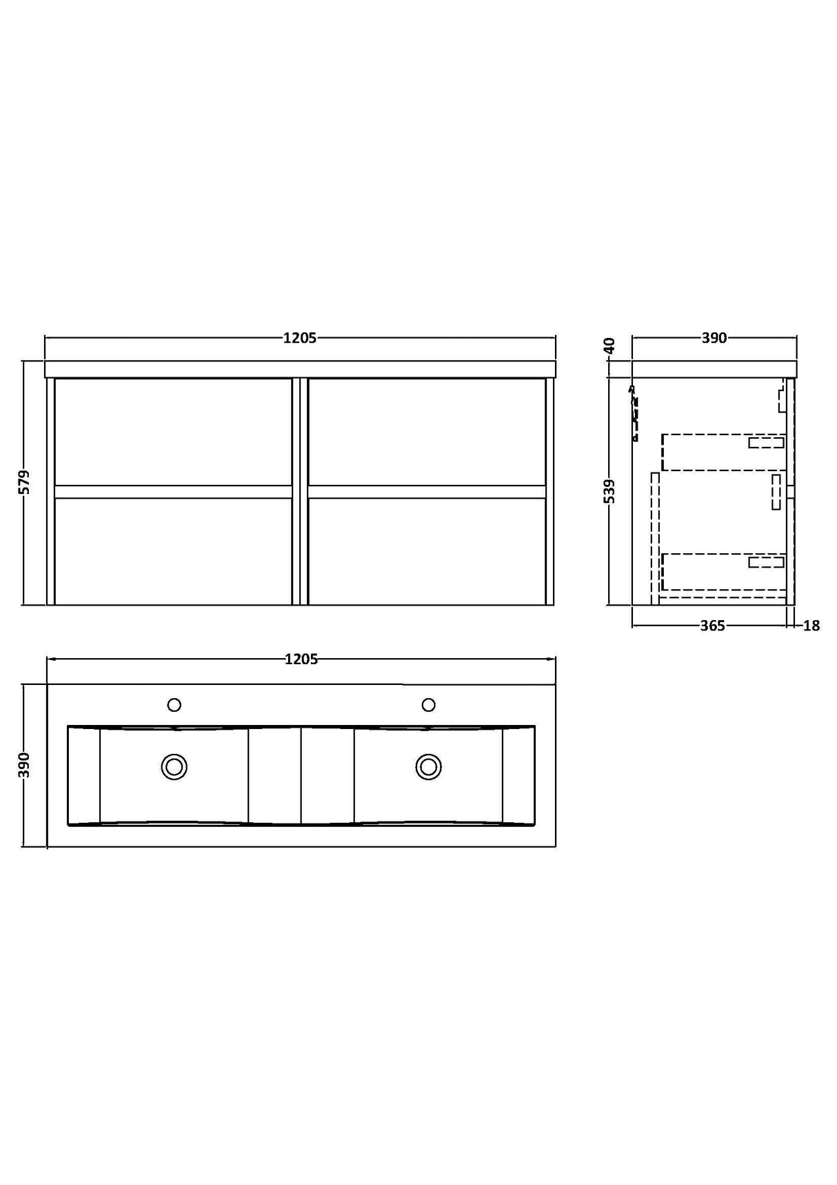 [BFED3404F] Chartley Contemporary 4 Drawer Wall Hung Vanity Unit with Double Basin, 1200mm, Choice of Colour - Technical Drawing