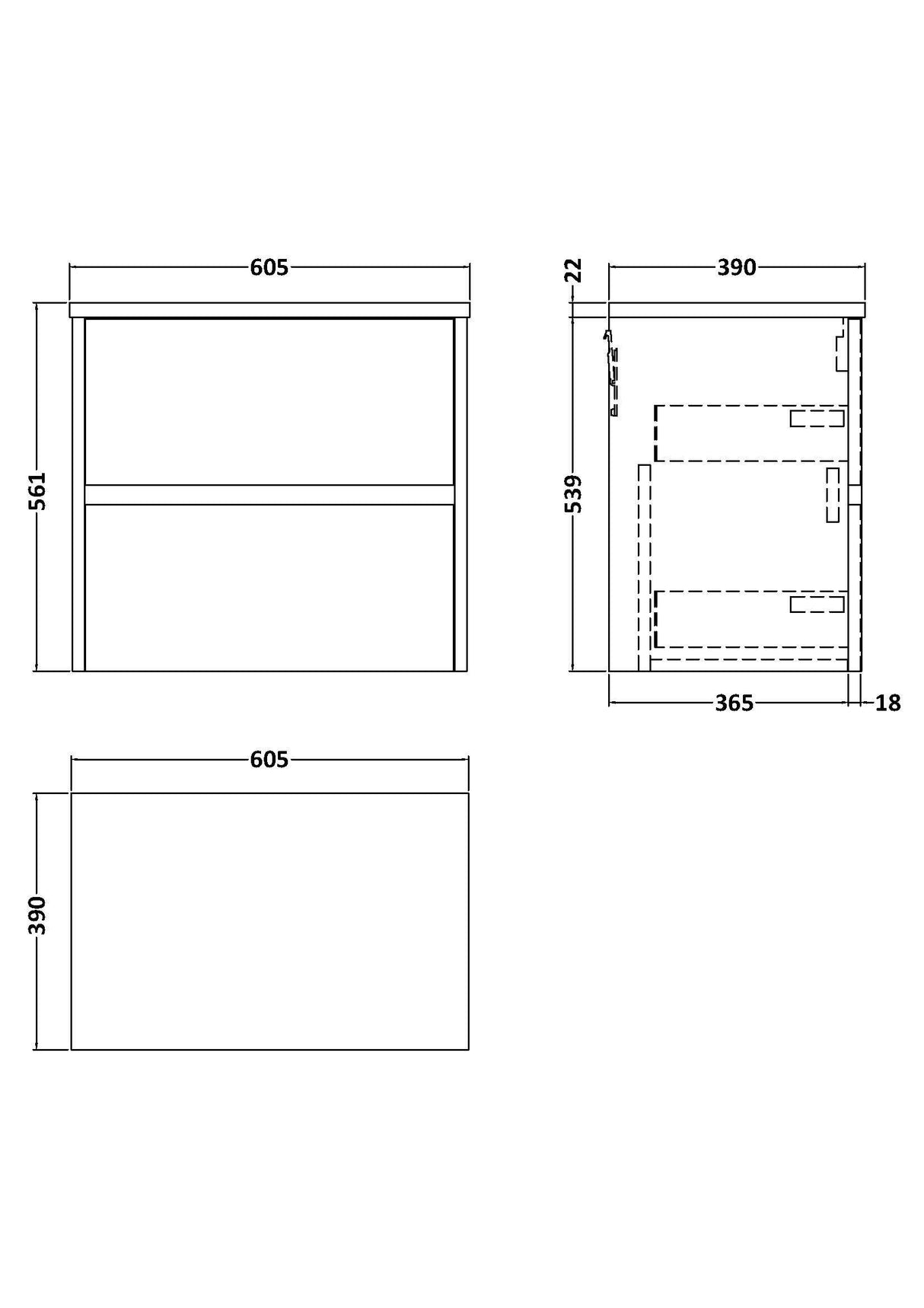 [BFED3404LBG] Chartley Contemporary 2 Drawer Wall Hung Vanity Unit with Laminate Worktop, Choice of Size and Colour - Technical Drawing