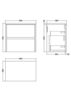 [BFED3404LCM] Chartley Contemporary 2 Drawer Wall Hung Vanity Unit with Laminate Worktop, Choice of Size and Colour - Technical Drawing