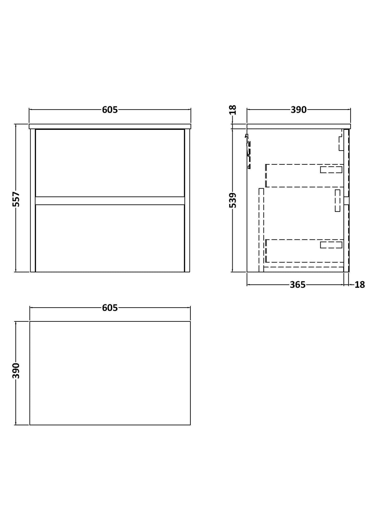 [BFED3404W] Chartley Contemporary 2 Drawer Wall Hung Vanity Unit with Worktop, Choice of Size and Colour - Technical Drawing