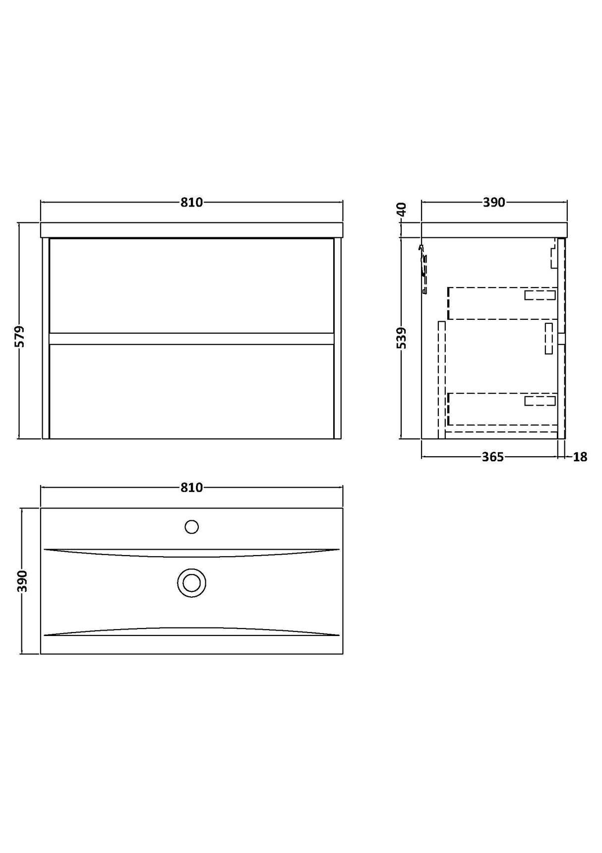 [BFED3406A] Chartley Square Wall Hung 2 Drawer Vanity Unit & Ceramic Basin, 800mm, Choice of Finish - Technical Drawing