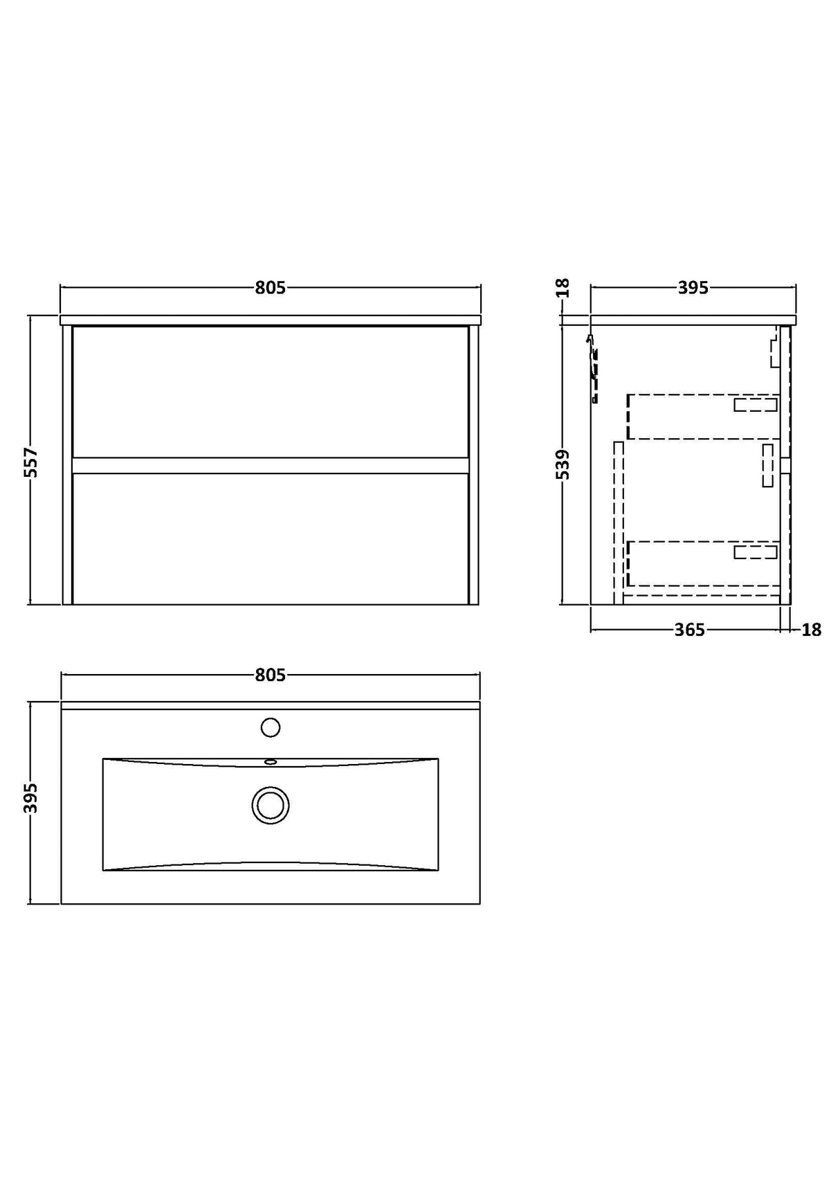 [BFED3406B] Chartley Contemporary 2 Drawer Wall Hung Vanity Unit with Minimalist Basin, Choice of Size and Colour - Technical Drawing