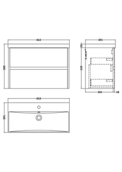 [BFED3406D] Chartley Contemporary 2 Drawer Wall Hung Vanity Unit with Thin Edge Basin, Choice of Size and Colour - Technical Drawing