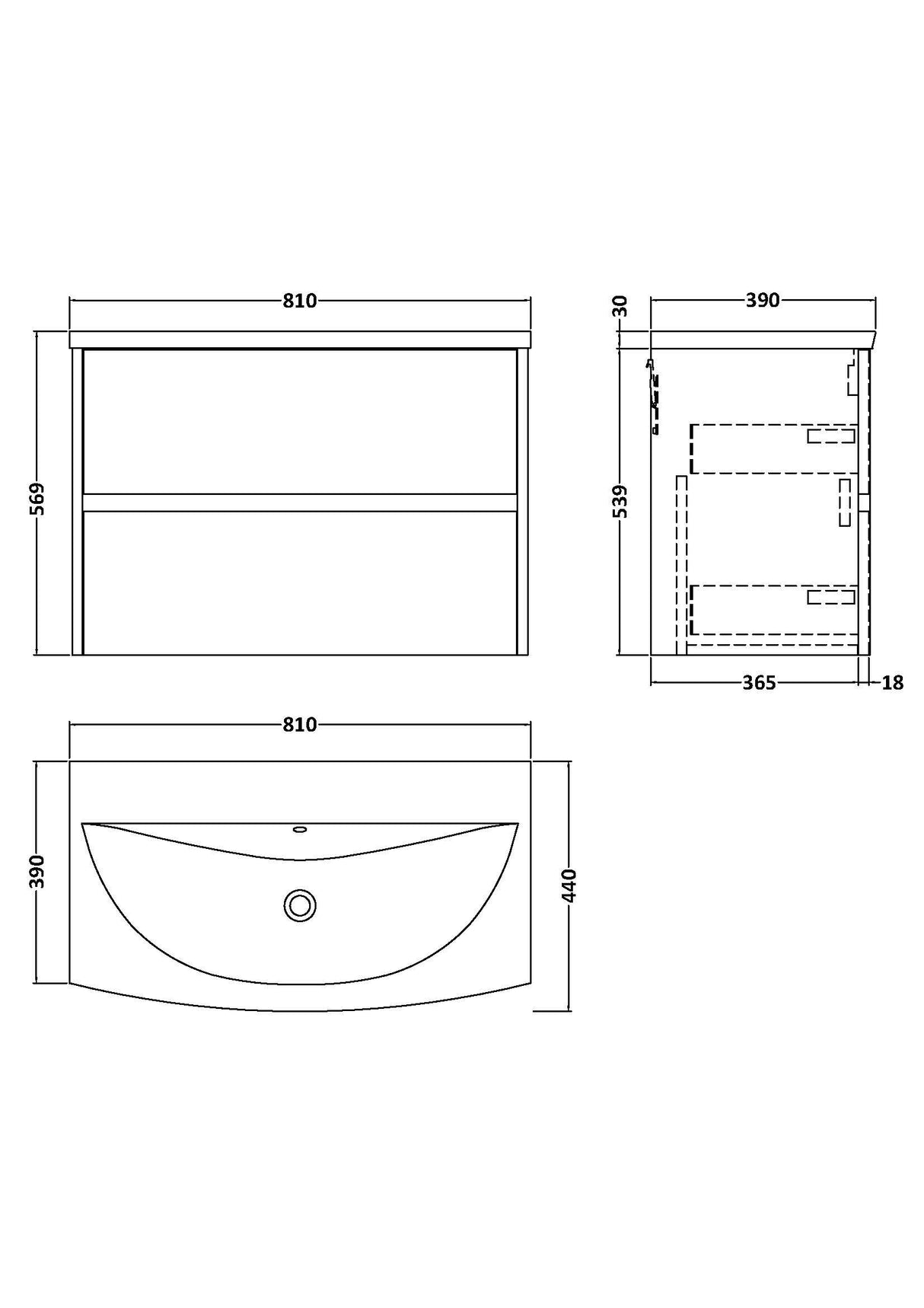 [BFED3406G] Chartley Contemporary 2 Drawer Wall Hung Vanity Unit with Curved Basin, Choice of Size and Colour - Technical Drawing