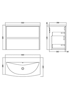 [BFED3406G] Chartley Contemporary 2 Drawer Wall Hung Vanity Unit with Curved Basin, Choice of Size and Colour - Technical Drawing