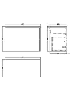 [BFED3406LBG] Chartley Contemporary 2 Drawer Wall Hung Vanity Unit with Laminate Worktop, Choice of Size and Colour - Technical Drawing