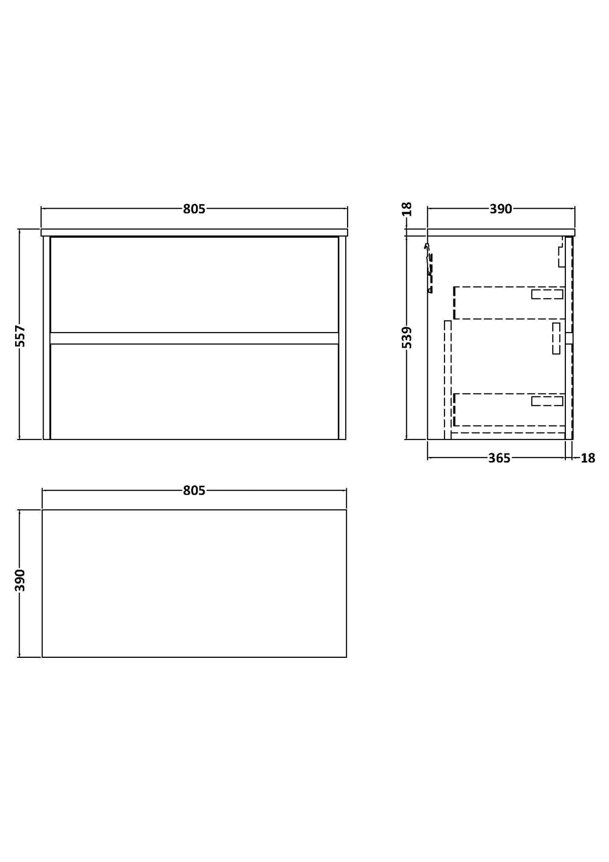 [BFED3406W] Chartley Contemporary 2 Drawer Wall Hung Vanity Unit with Worktop, Choice of Size and Colour - Technical Drawing