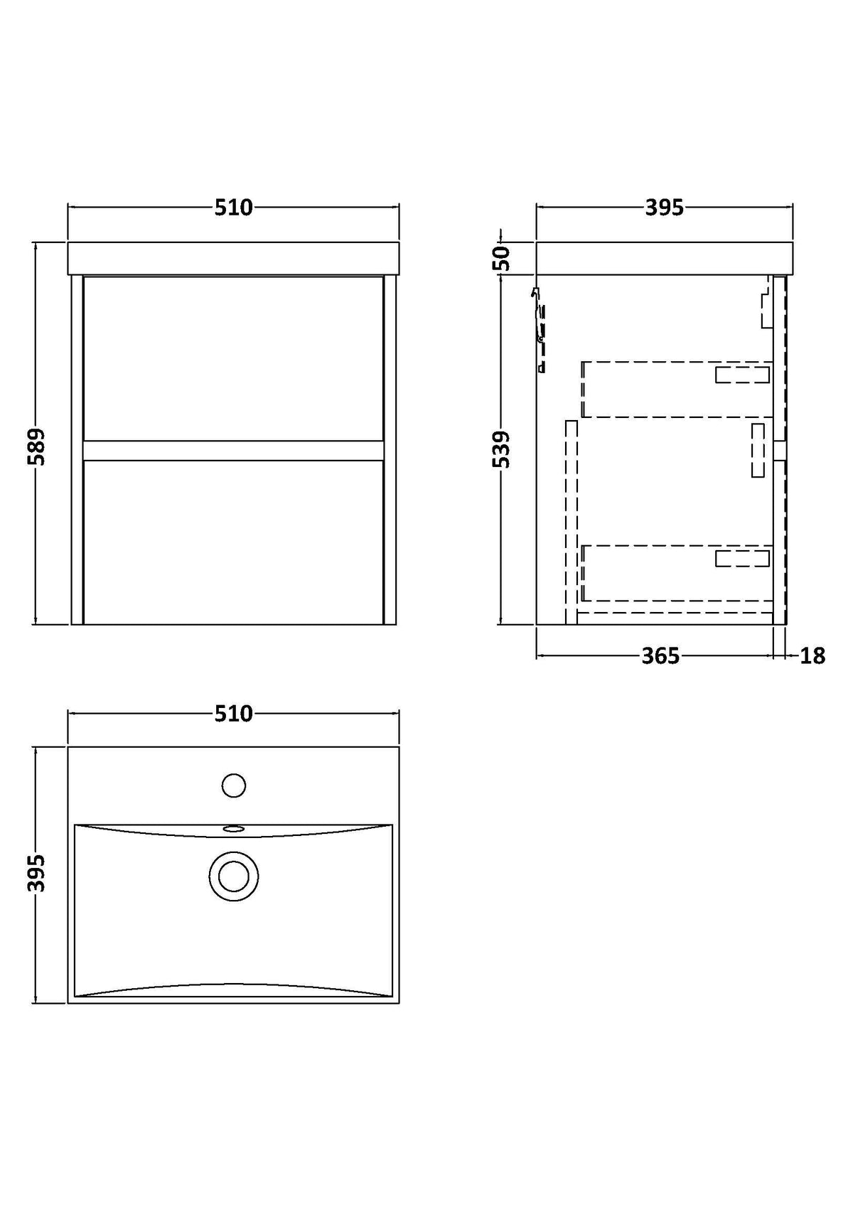 [BFED3802D] Chartley Contemporary 2 Drawer Wall Hung Vanity Unit with Thin Edge Basin, Choice of Size and Colour - Technical Drawing