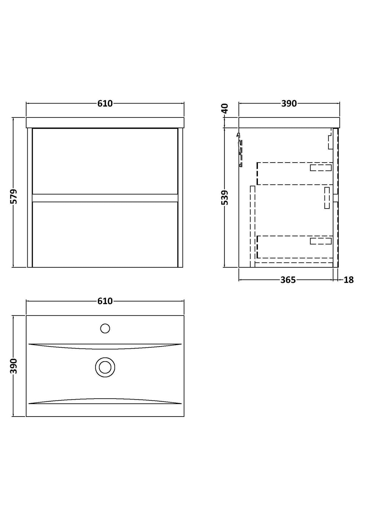 [BFED3804A] Chartley Square Wall Hung 2 Drawer Vanity Unit & Ceramic Basin, 600mm, Choice of Finish - Technical Drawing