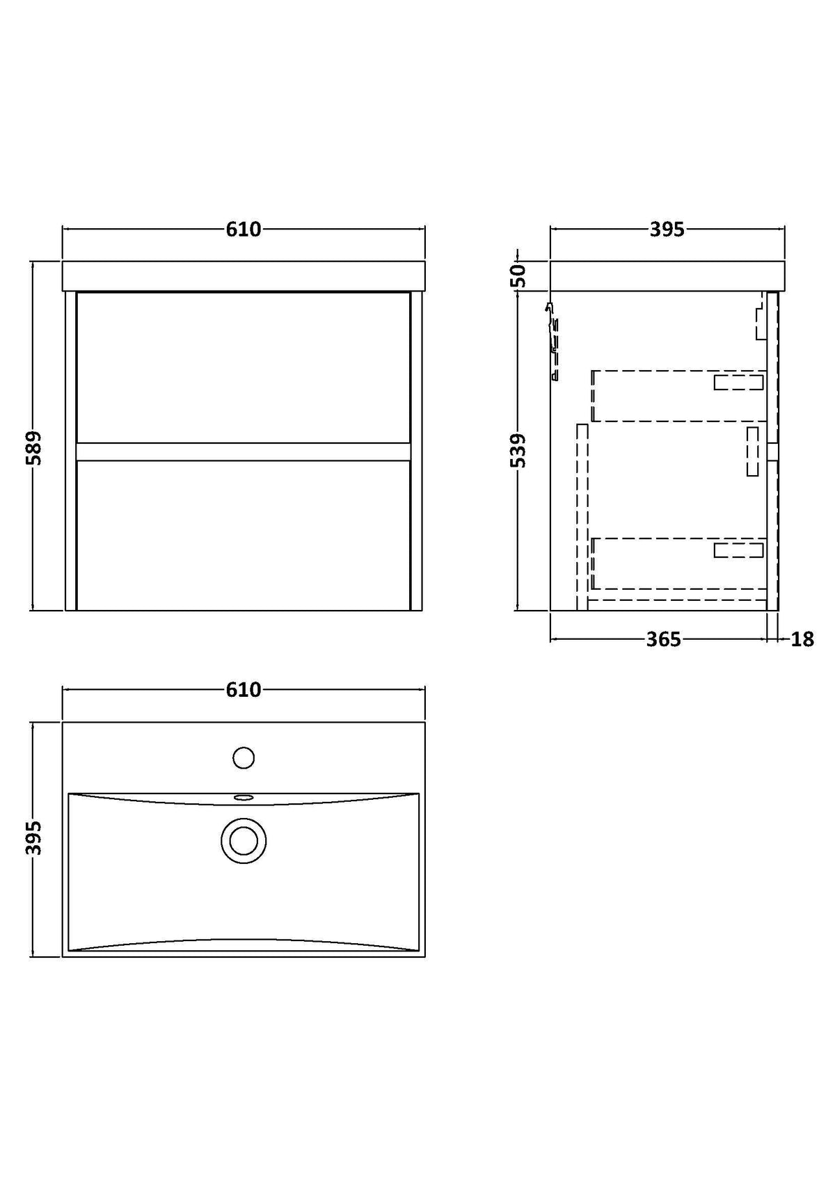 [BFED3804D] Chartley Contemporary 2 Drawer Wall Hung Vanity Unit with Thin Edge Basin, Choice of Size and Colour - Technical Drawing