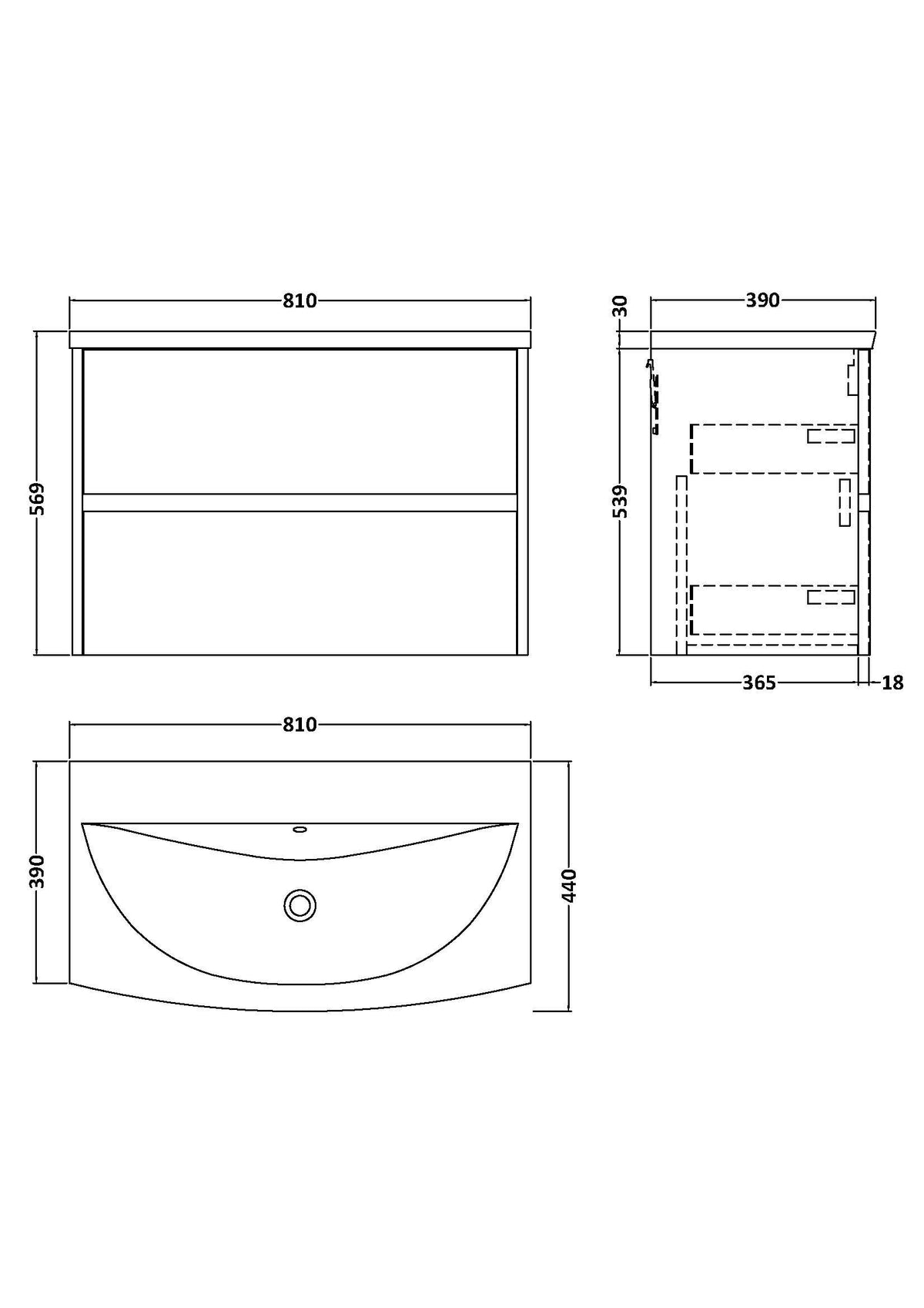 [BFED3806G] Chartley Contemporary 2 Drawer Wall Hung Vanity Unit with Curved Basin, Choice of Size and Colour - Technical Drawing