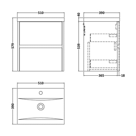 [BFED802A] Edge Square Wall Hung 2 Drawer Vanity Unit & Ceramic Basin, 500mm - Woodgrain Autumn Oak - Balterley - Technical Drawing