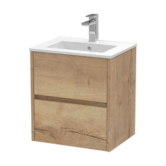 [BFED802B] Chartley Contemporary 2 Drawer Wall Hung Vanity Unit with Minimalist Basin, Autumn Oak, 500mm - Cutout