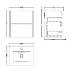 [BFED802B] Chartley Contemporary 2 Drawer Wall Hung Vanity Unit with Minimalist Basin, Autumn Oak, 500mm - Technical Drawing