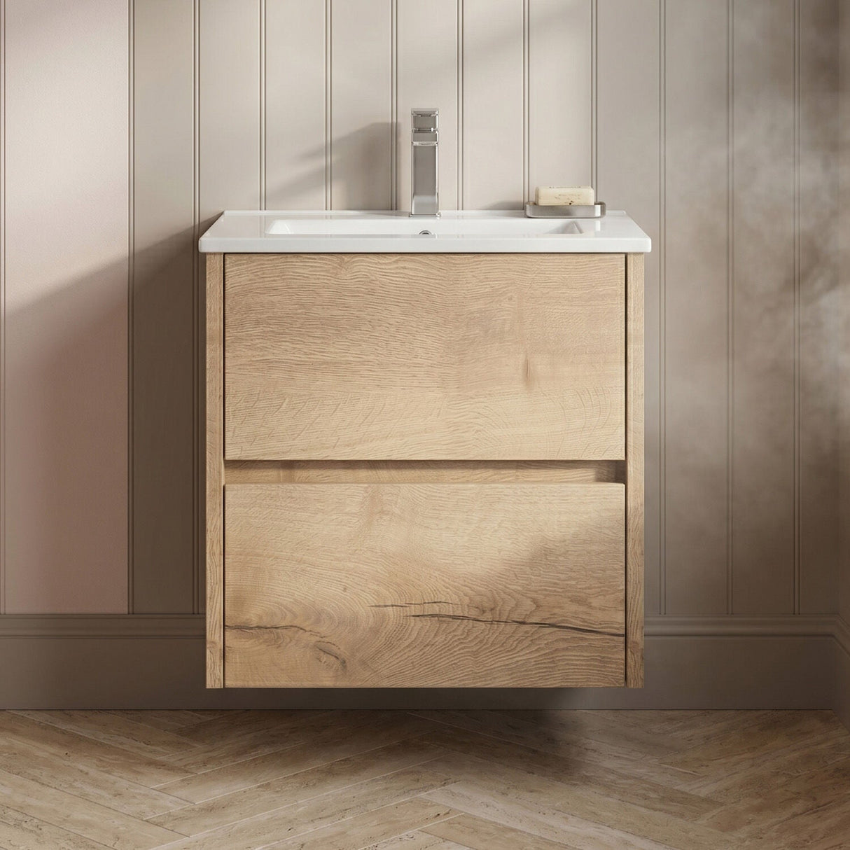 [BFED802B] Chartley Contemporary 2 Drawer Wall Hung Vanity Unit with Minimalist Basin, Autumn Oak, 500mm - Silo
