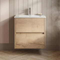 [BFED802B] Chartley Contemporary 2 Drawer Wall Hung Vanity Unit with Minimalist Basin, Autumn Oak, 500mm - Silo