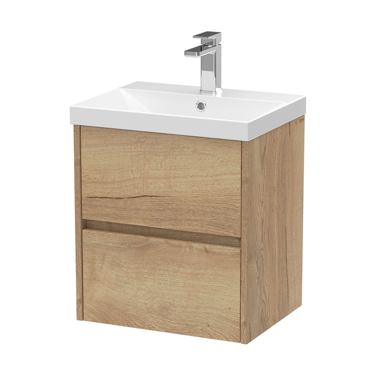 [BFED802D] Chartley Contemporary 2 Drawer Wall Hung Vanity Unit with Thin Edge Basin, Autumn Oak, 500mm - Cutout