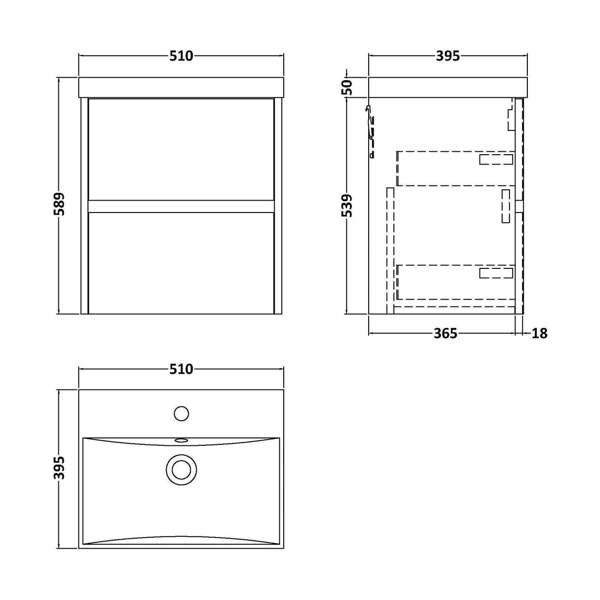 [BFED802D] Chartley Contemporary 2 Drawer Wall Hung Vanity Unit with Thin Edge Basin, Autumn Oak, 500mm - Technical Drawing