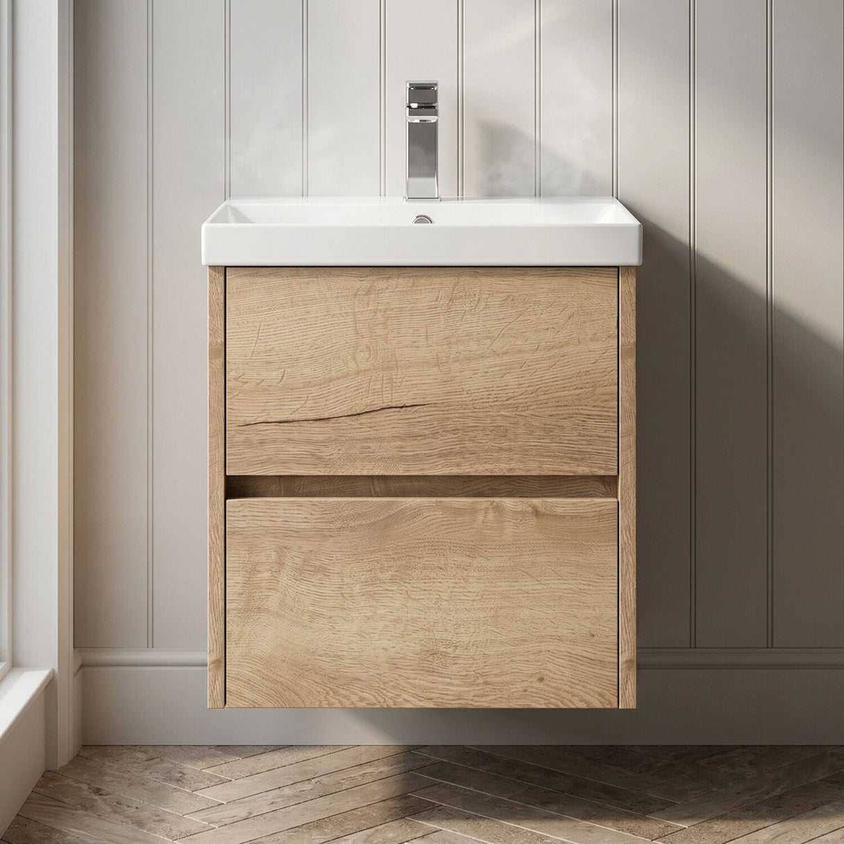 [BFED802D] Chartley Contemporary 2 Drawer Wall Hung Vanity Unit with Thin Edge Basin, Autumn Oak, 500mm - Silo