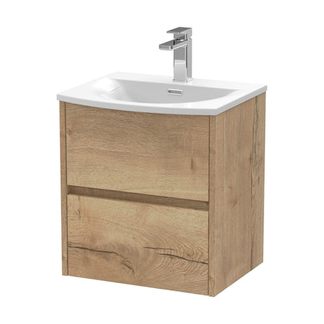 [BFED802G] Chartley Contemporary 2 Drawer Wall Hung Vanity Unit with Curved Basin, Autumn Oak, 500mm - Cutout