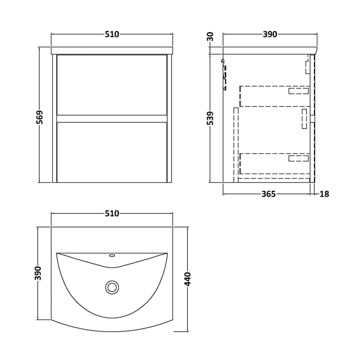 [BFED802G] Chartley Contemporary 2 Drawer Wall Hung Vanity Unit with Curved Basin, Autumn Oak, 500mm - Technical Drawing