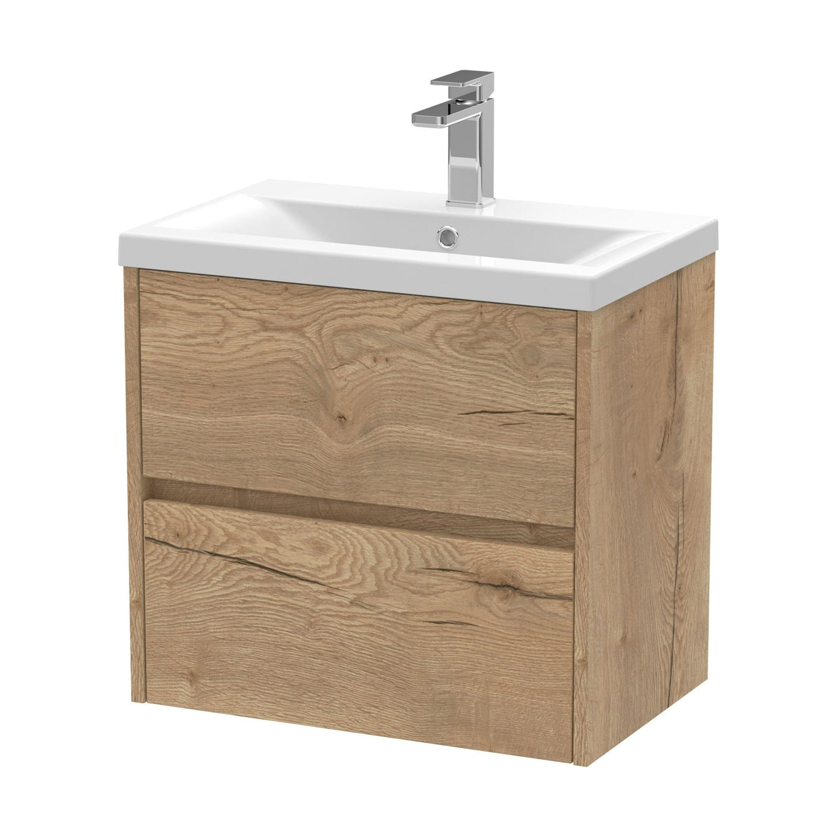 [BFED804A] Edge Square Wall Hung 2 Drawer Vanity Unit & Ceramic Basin, 600mm - Woodgrain Autumn Oak - Balterley - Cutout