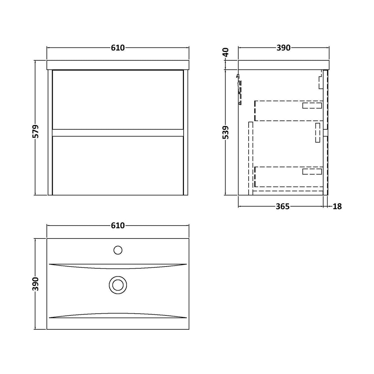[BFED804A] Edge Square Wall Hung 2 Drawer Vanity Unit & Ceramic Basin, 600mm - Woodgrain Autumn Oak - Balterley - Technical Drawing