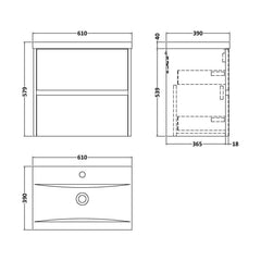[BFED804A] Edge Square Wall Hung 2 Drawer Vanity Unit & Ceramic Basin, 600mm - Woodgrain Autumn Oak - Balterley - Technical Drawing