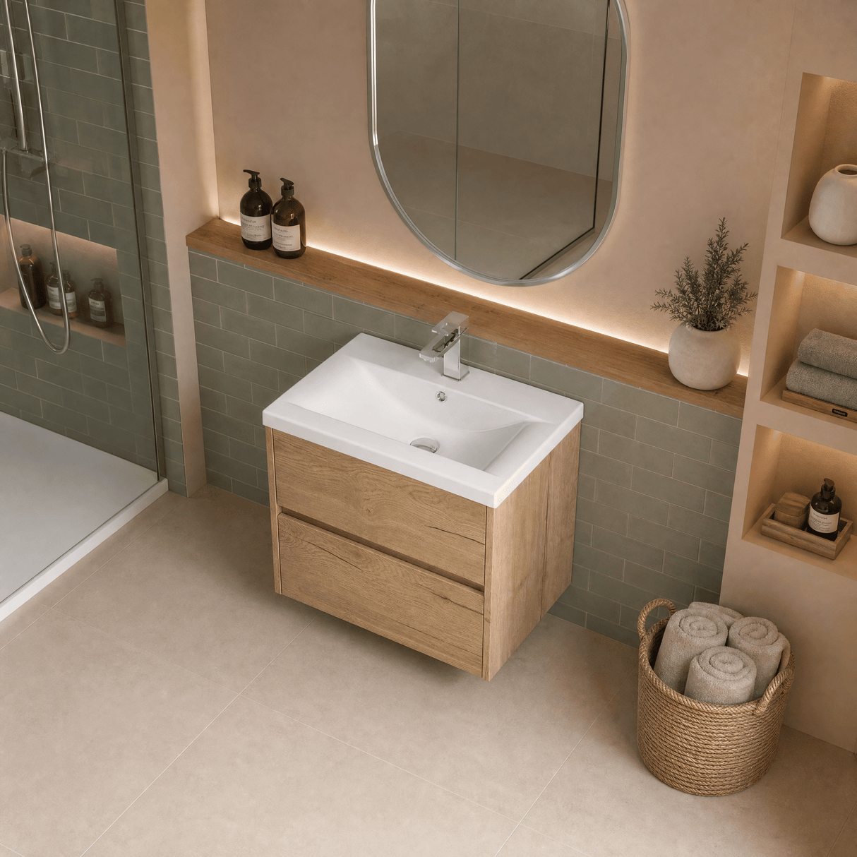 [BFED804A] Chartley Square Wall Hung 2 Drawer Vanity Unit & Ceramic Basin, 600mm, Choice of Finish