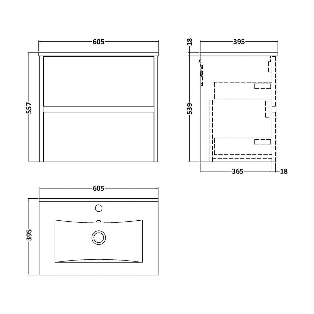 [BFED804B] Chartley Contemporary 2 Drawer Wall Hung Vanity Unit with Minimalist Basin, Autumn Oak, 600mm - Technical Drawing