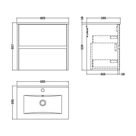 [BFED804B] Chartley Contemporary 2 Drawer Wall Hung Vanity Unit with Minimalist Basin, Autumn Oak, 600mm - Technical Drawing