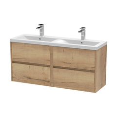 [BFED804F] Chartley Contemporary 4 Drawer Wall Hung Vanity Unit with Double Basin, Autumn Oak, 1200mm - Cutout