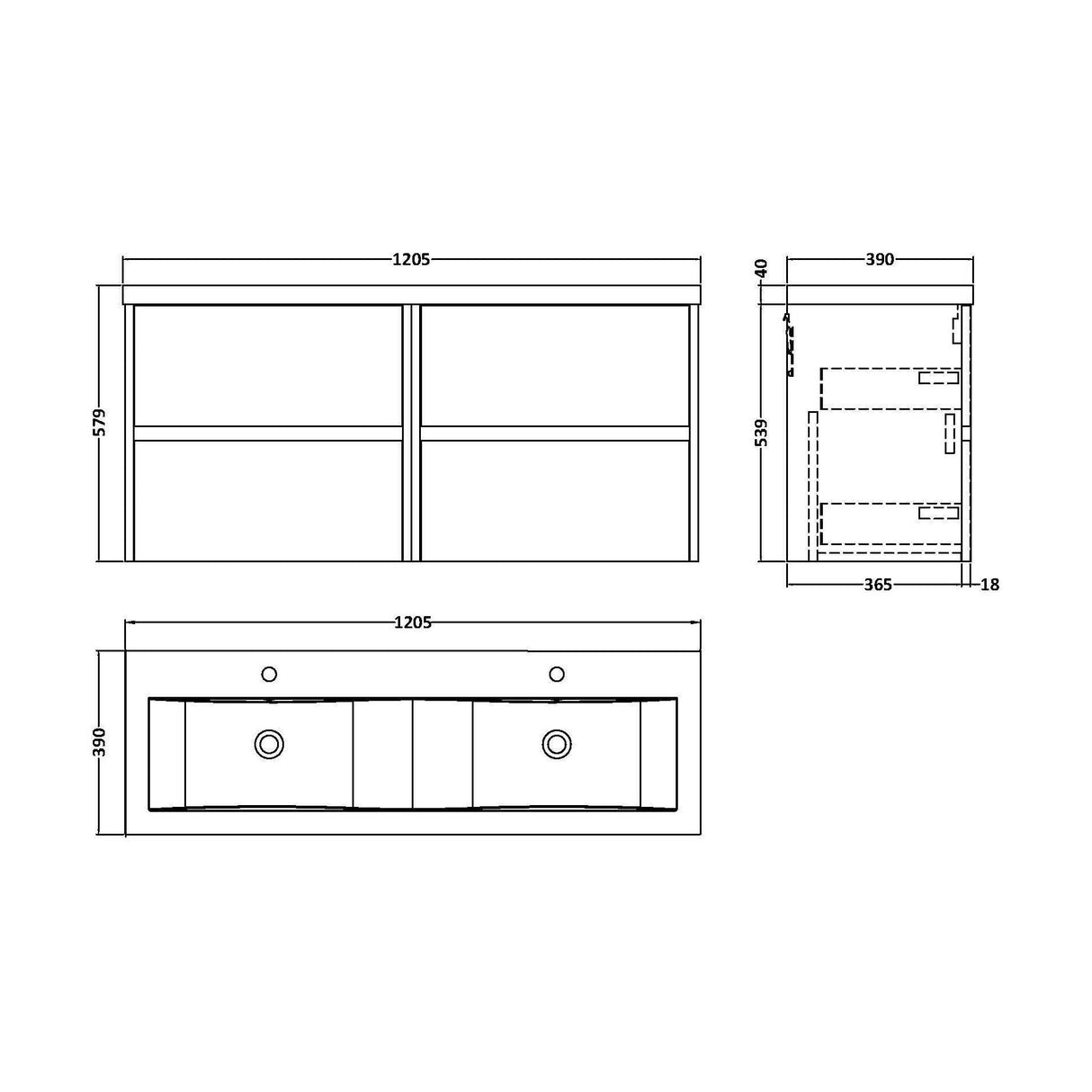 [BFED804F] Chartley Contemporary 4 Drawer Wall Hung Vanity Unit with Double Basin, Autumn Oak, 1200mm - Technical Drawing