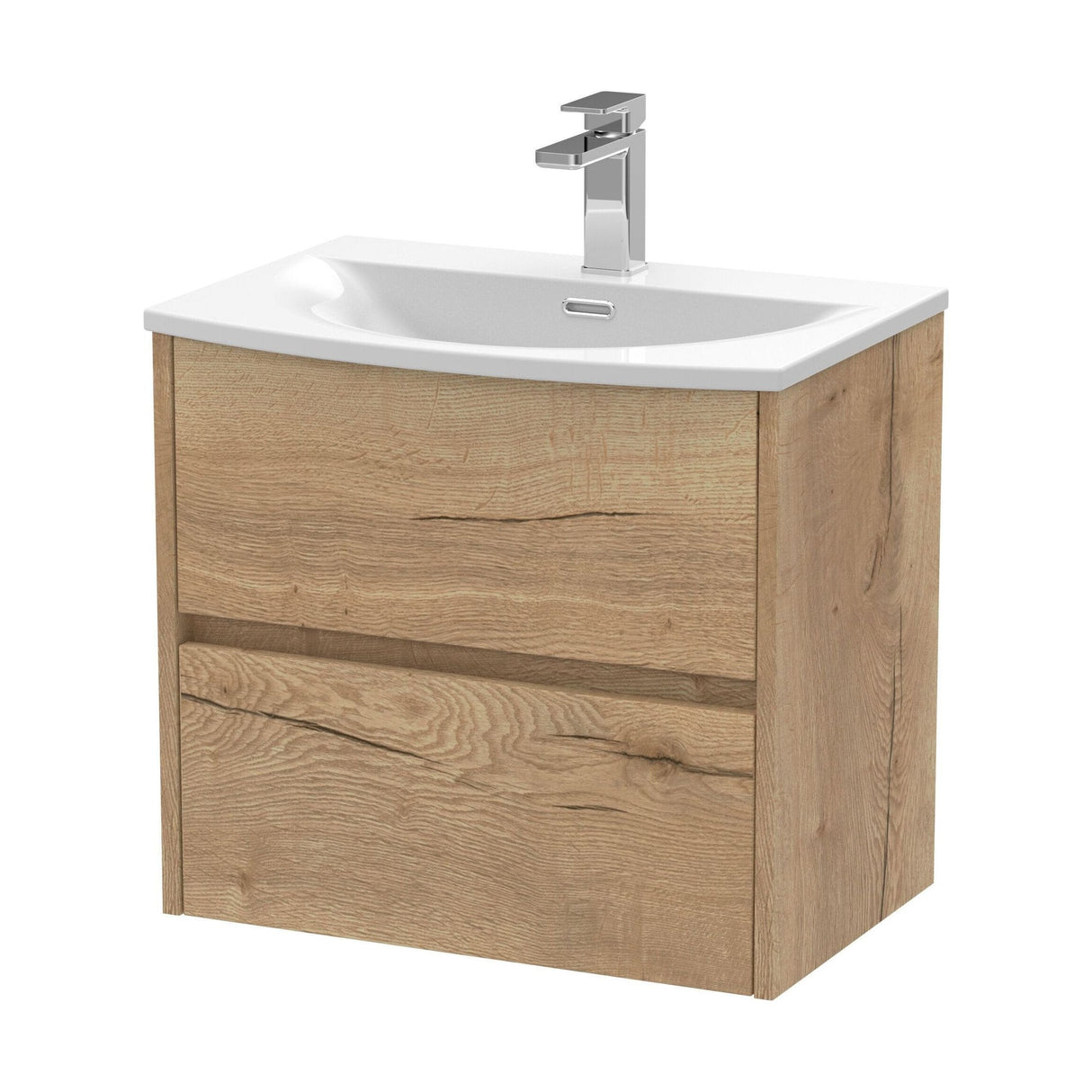 [BFED804G] Chartley Contemporary 2 Drawer Wall Hung Vanity Unit with Curved Basin, Autumn Oak, 600mm - Cutout