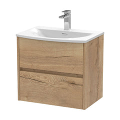 [BFED804G] Chartley Contemporary 2 Drawer Wall Hung Vanity Unit with Curved Basin, Autumn Oak, 600mm - Cutout