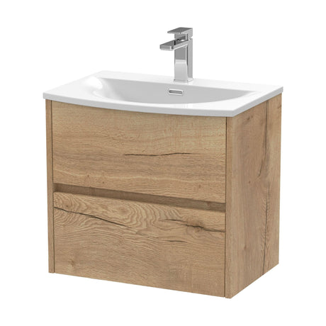 [BFED804G] Chartley Contemporary 2 Drawer Wall Hung Vanity Unit with Curved Basin, Autumn Oak, 600mm - Cutout