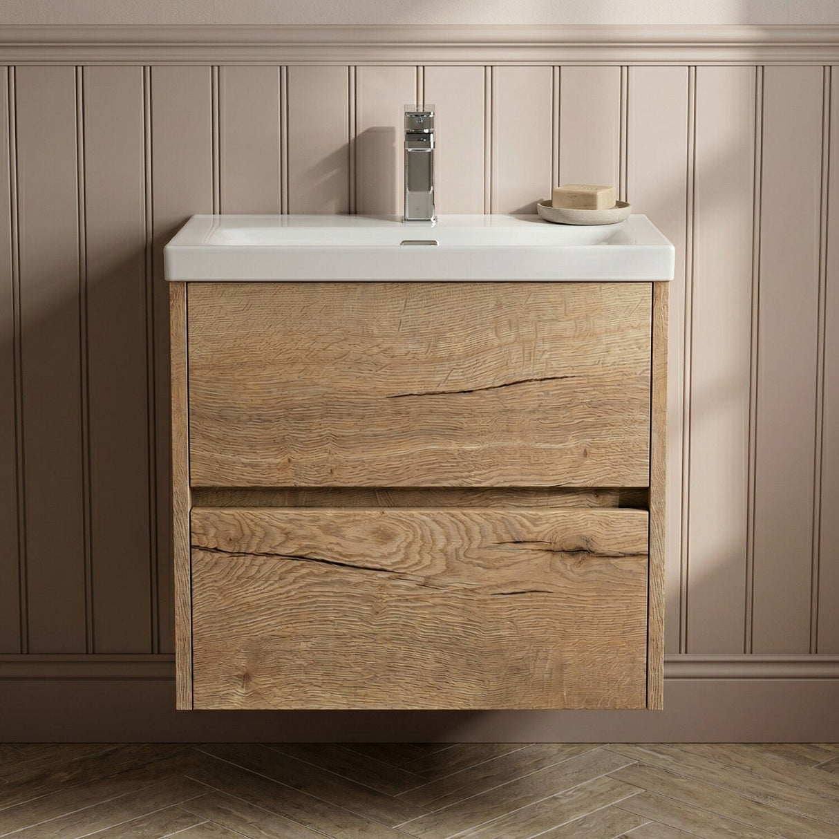 [BFED804G] Chartley Contemporary 2 Drawer Wall Hung Vanity Unit with Curved Basin, Autumn Oak, 600mm - Silo