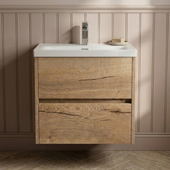 [BFED804G] Chartley Contemporary 2 Drawer Wall Hung Vanity Unit with Curved Basin, Autumn Oak, 600mm - Silo