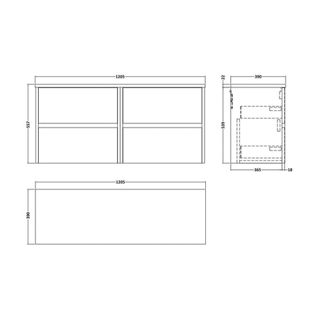 [BFED804LCM2] Chartley Contemporary 4 Drawer Wall Hung Vanity Unit with Laminate Worktop, Autumn Oak, 1200mm - Technical Drawing
