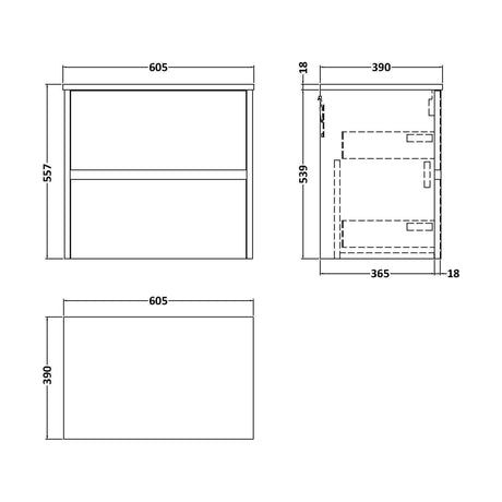 [BFED804W] Chartley Contemporary 2 Drawer Wall Hung Vanity Unit with Worktop, Autumn Oak, 600mm - Technical Drawing