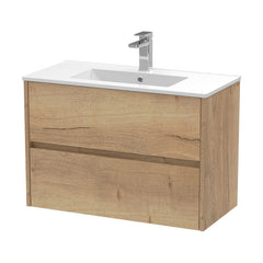[BFED806B] Chartley Contemporary 2 Drawer Wall Hung Vanity Unit with Minimalist Basin, Autumn Oak, 800mm - Cutout