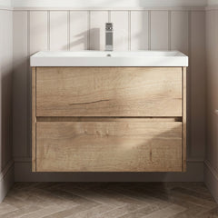 [BFED806D] Chartley Contemporary 2 Drawer Wall Hung Vanity Unit with Thin Edge Basin, Autumn Oak, 800mm - Silo